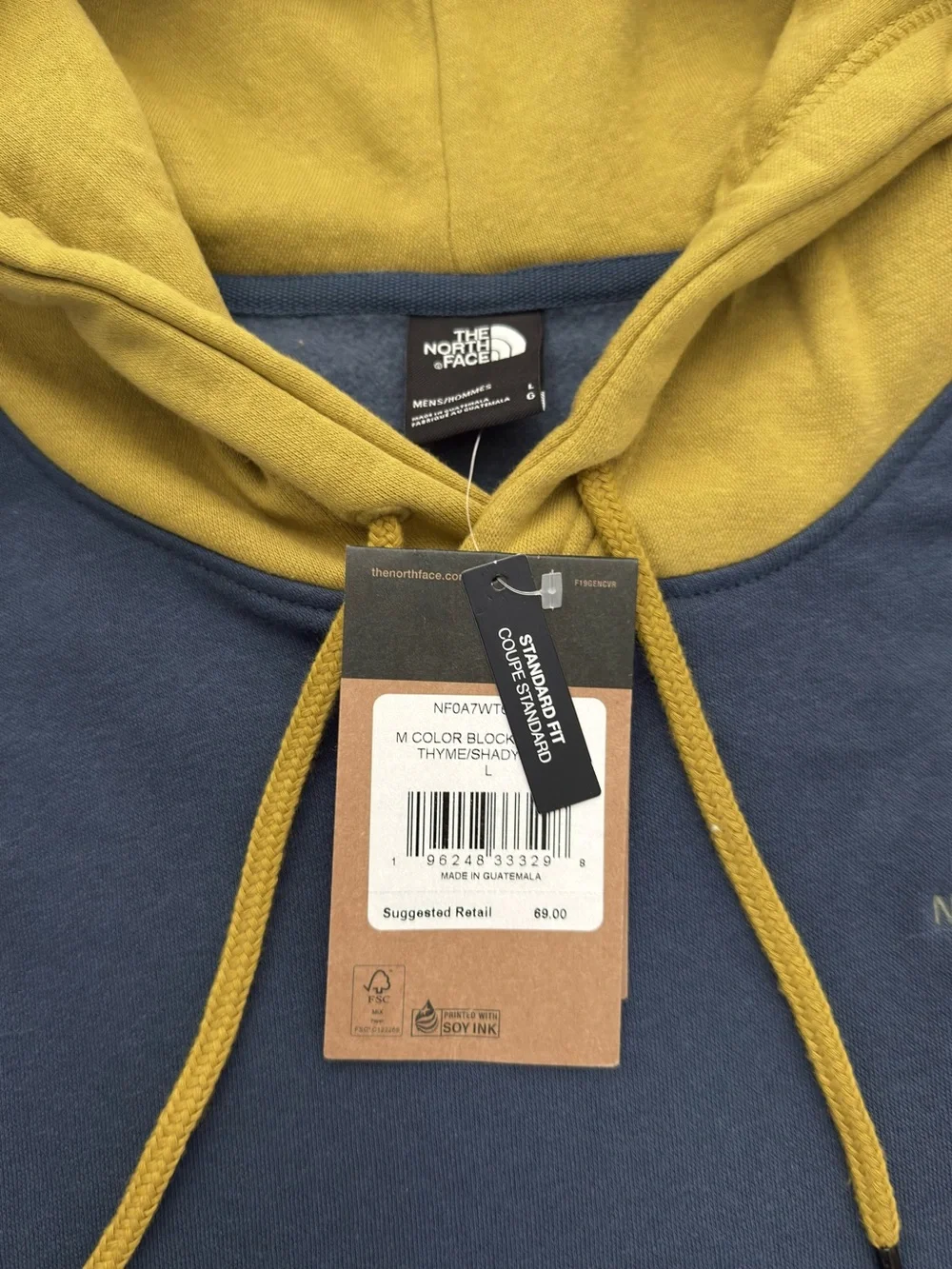 NWT The North Face Men’s Blue & Olive Colorblock Hoodie Size large